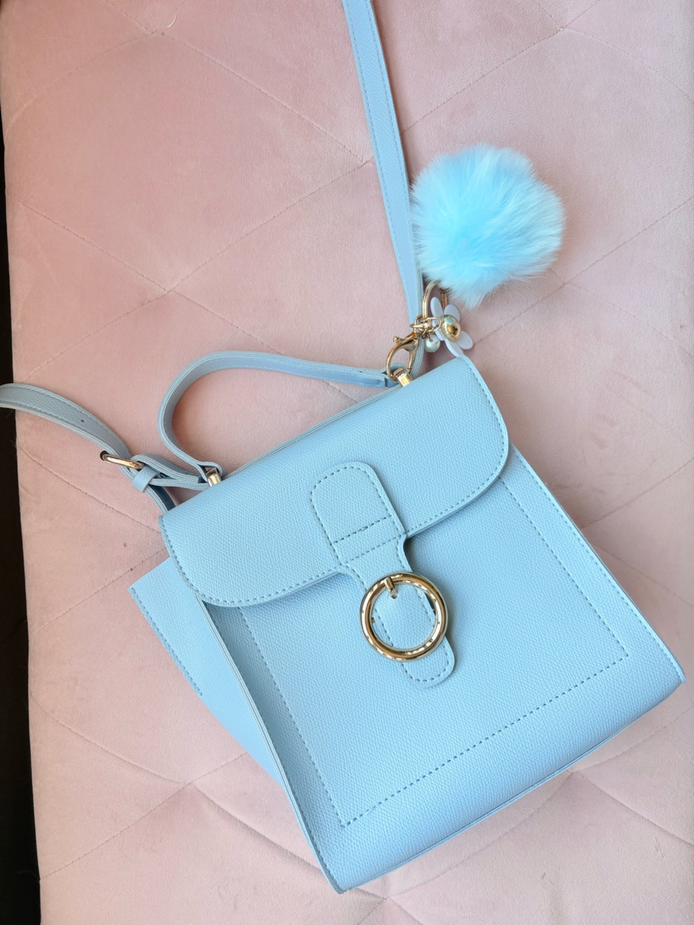 Light Blue Women's Crossbody Bag and pompom bag charm